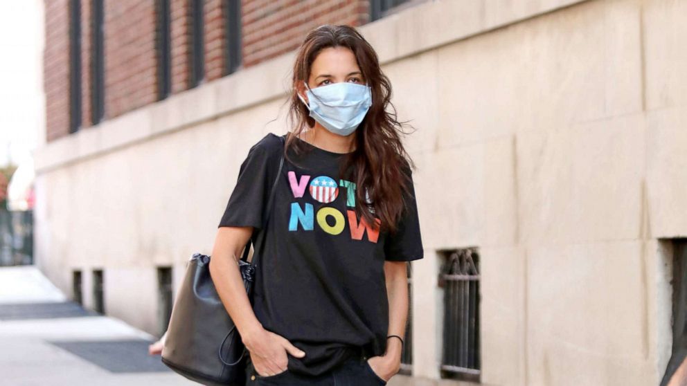 Katie Holmes was spotted wearing Old Navy's "VOTE" tee following the brand's commitment to pay employees to Power the Polls.