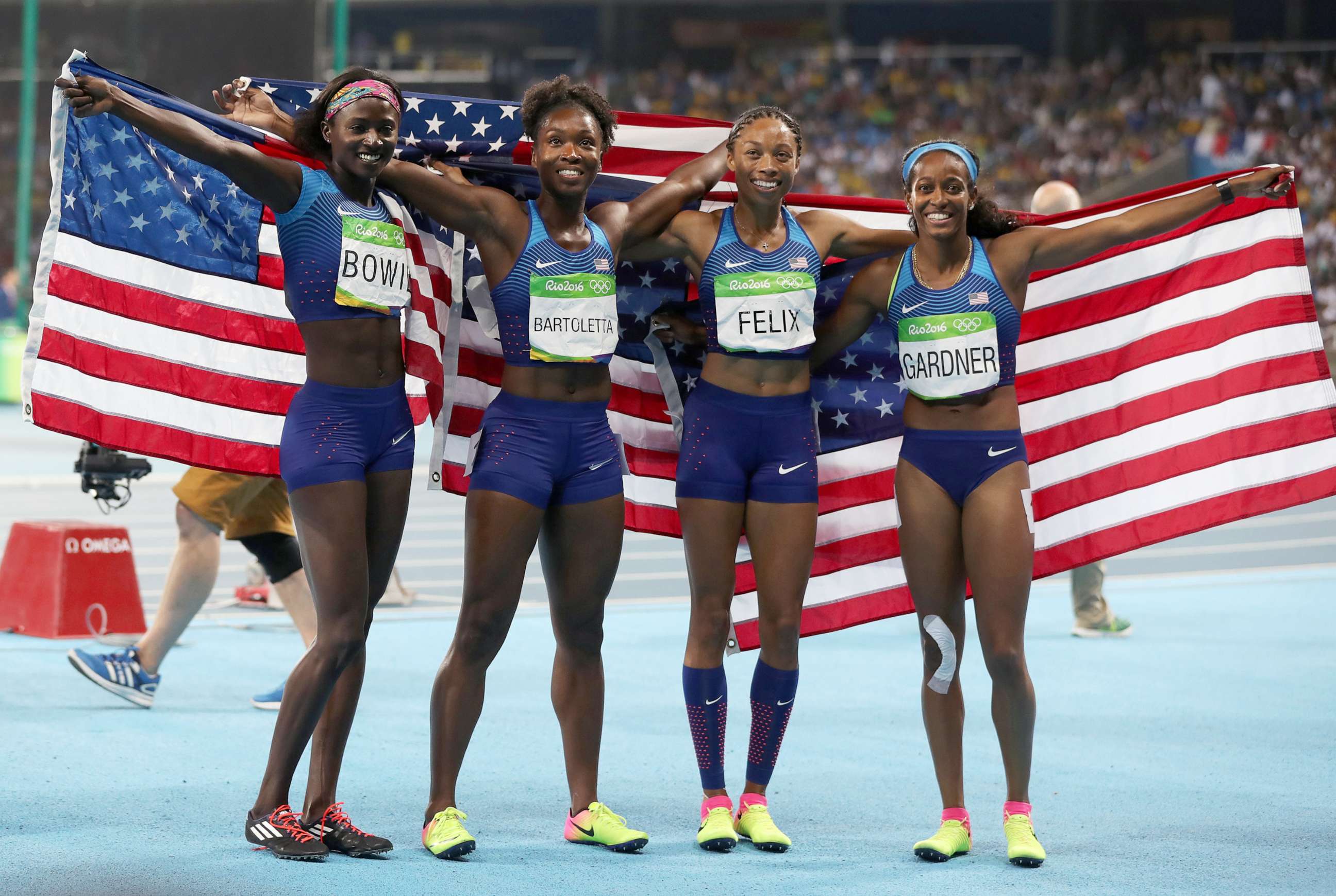PHOTO: From left, Tori Bowie, Tianna Bartoletta, Allyson Felix and English Gardner of the United States celebrate winning gold in the Women's 4 x 100m Relay Final on Day 14 of the Rio 2016 Olympic Games, Aug. 19, 2016, in Rio de Janeiro.