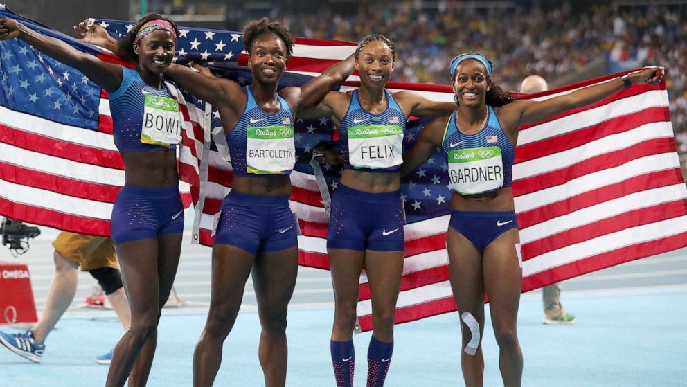 PHOTO: From left, Tori Bowie, Tianna Bartoletta, Allyson Felix and English Gardner of the United States celebrate winning gold in the Women's 4 x 100m Relay Final on Day 14 of the Rio 2016 Olympic Games, Aug. 19, 2016, in Rio de Janeiro.