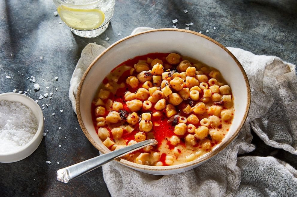 PHOTO: Pasta and chickpea soup with miso and chile oil.