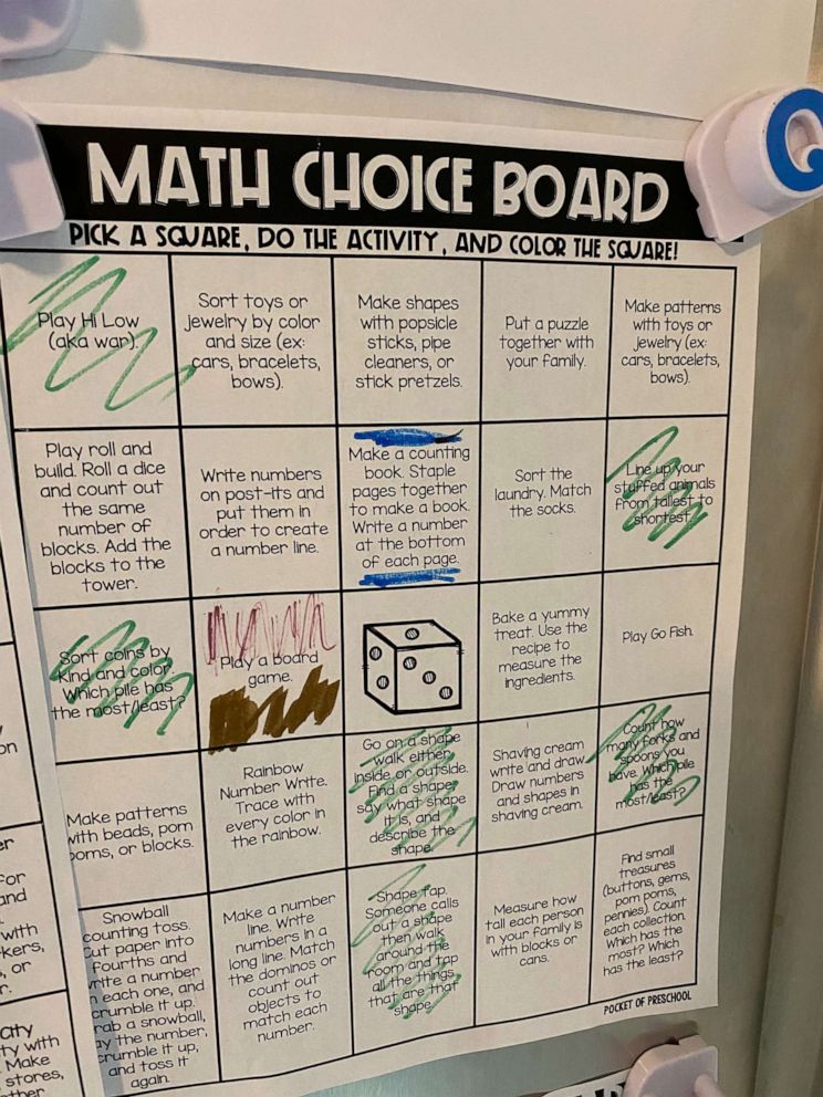PHOTO: A math choice board designed for preschool age children. 
