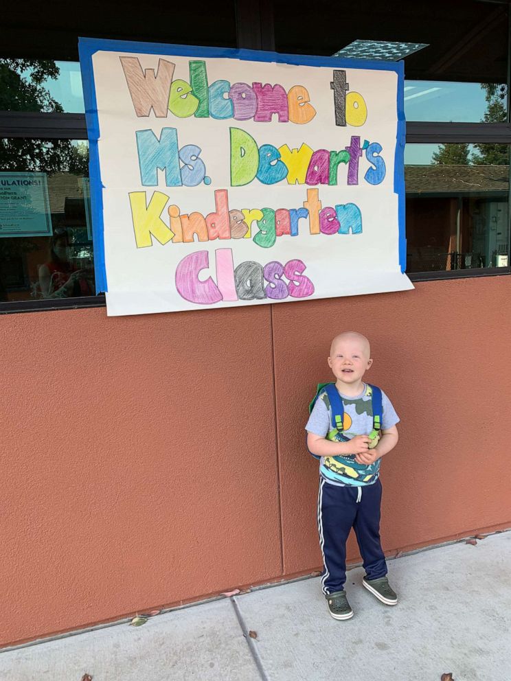 PHOTO: Drew Bausman is welcomed to kindergarten by his teacher's sign. 