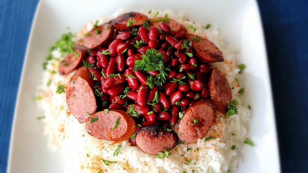 PHOTO: A plate of red beans and rice with sausage.