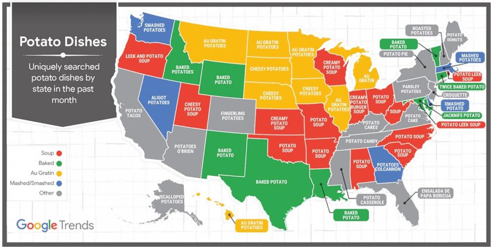 PHOTO: A map of search interest across the U.S. for Thanksgiving potato recipes.