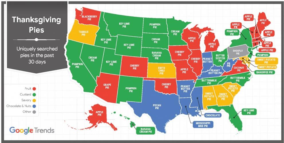 PHOTO: A map of search interest for Thanksgiving pies across the U.S. 