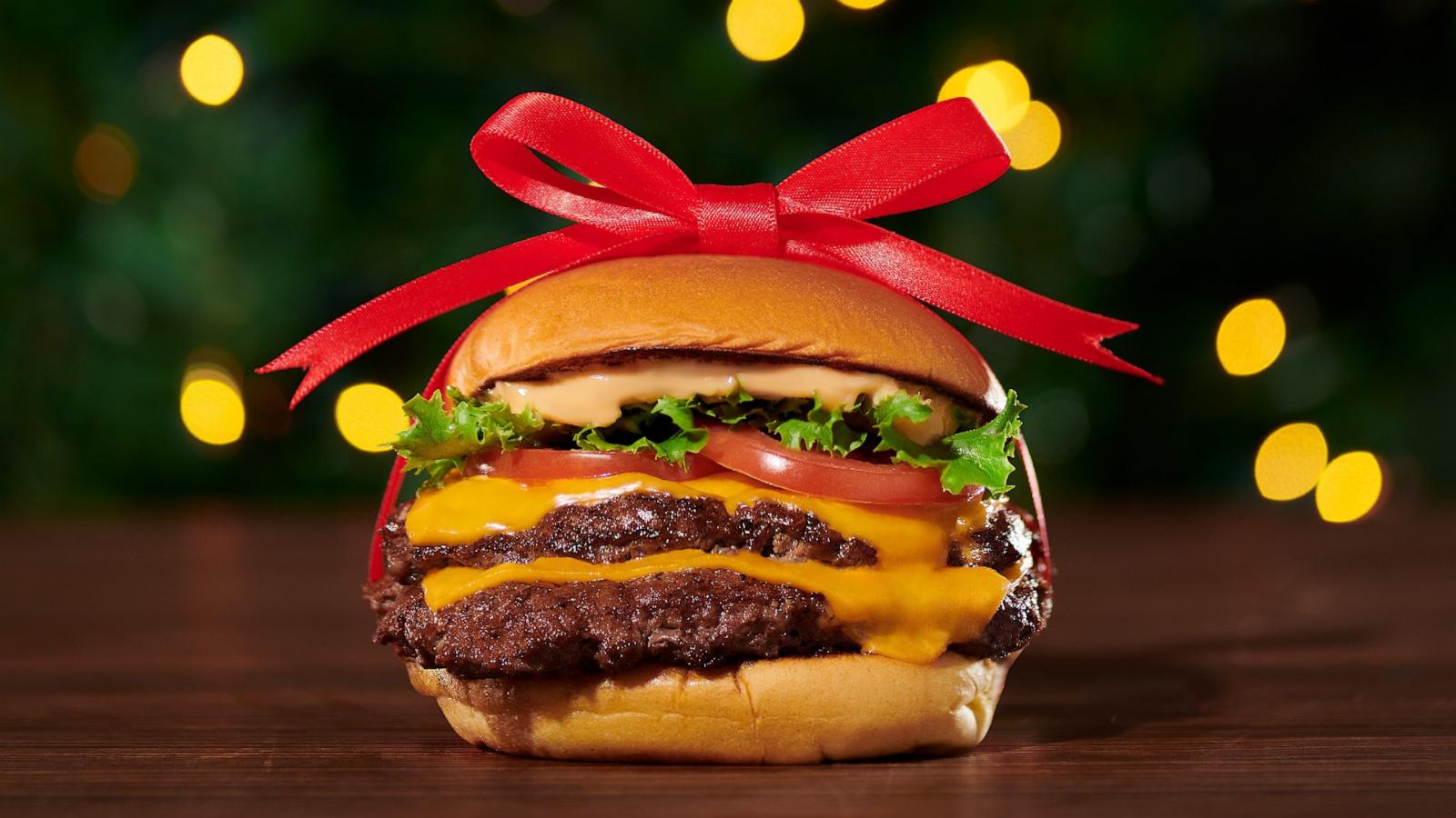 PHOTO: A Double ShackBurger from Shake Shack with a red holiday bow.