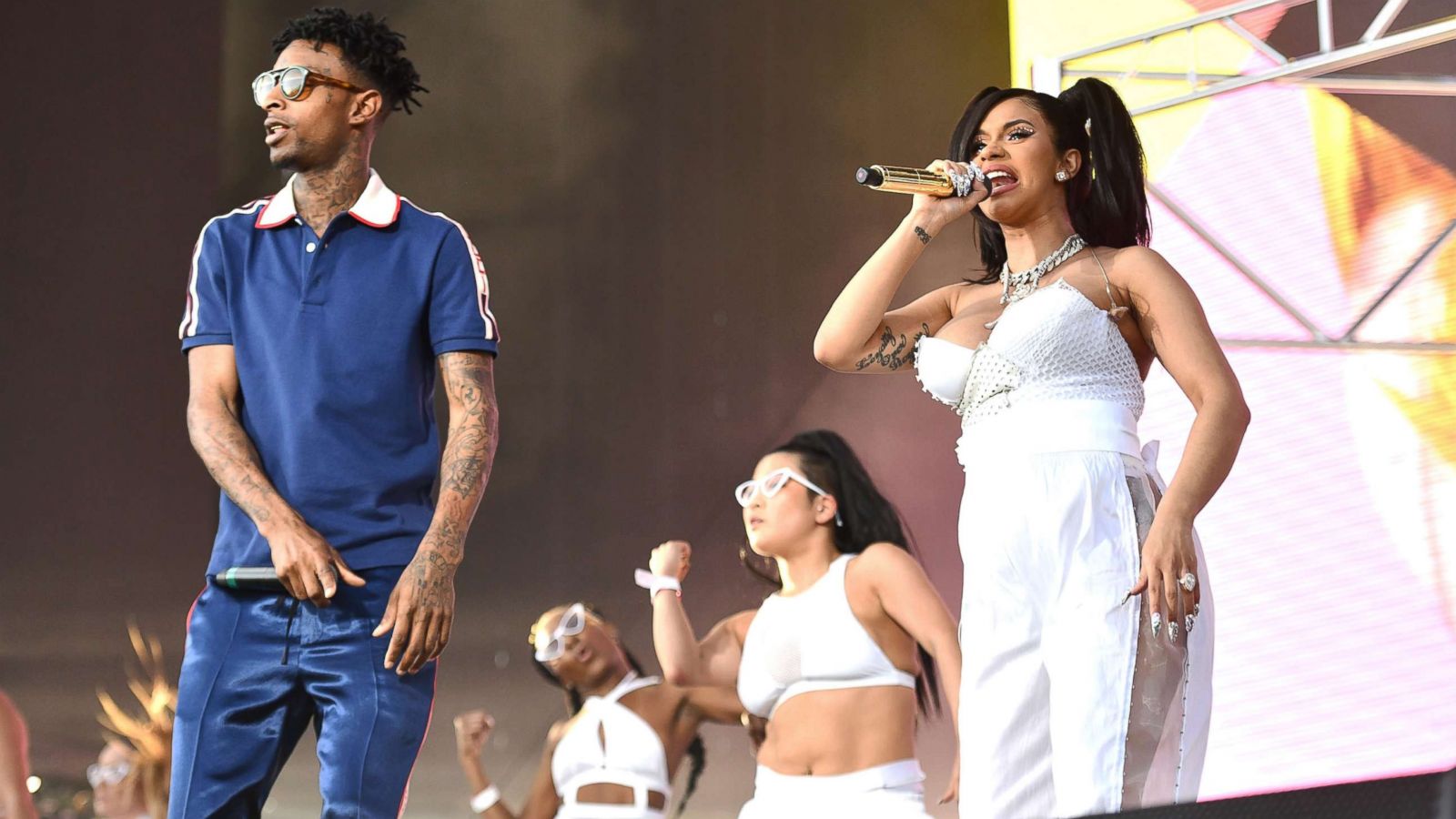 PHOTO: 21 Savage (L) and Cardi B perform on the Coachella stage on April 15, 2018, in Indio, Calif.