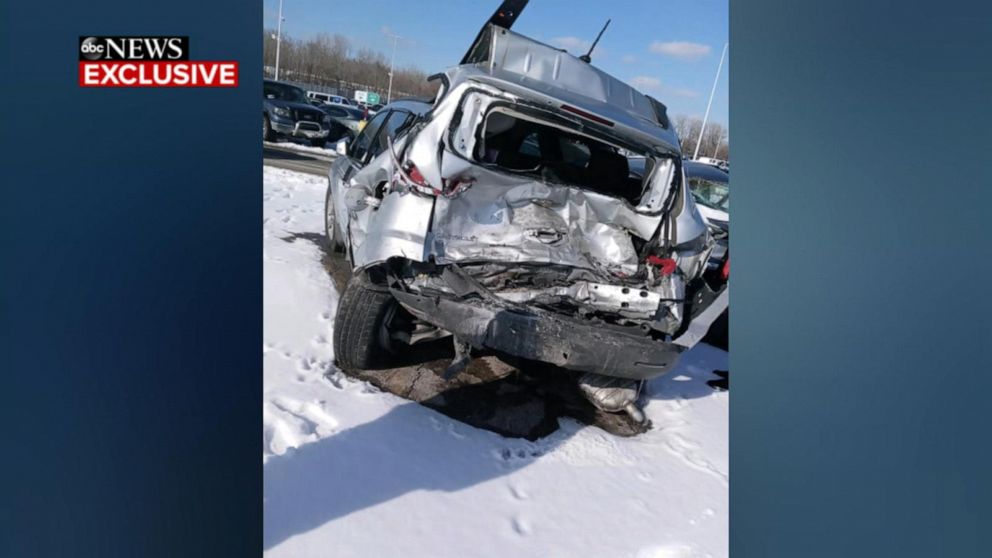 PHOTO: The back of a car was damaged in a car crash in Kansas City, Missouri involving former Kansas City Chiefs assistant coach Britt Reid.