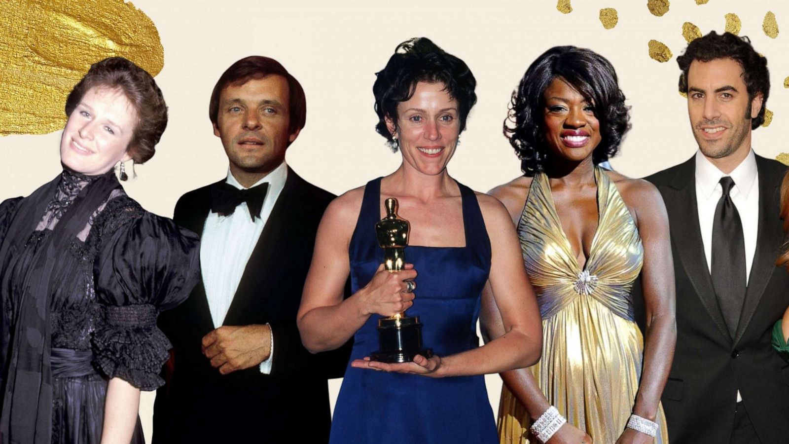 PHOTO: 2021 Oscar nominees (L-R) Glenn Close, Anthony Hopkins, Frances McDormand, Viola Davis and Sasha Baron Cohen at their first Academy Awards ceremony.