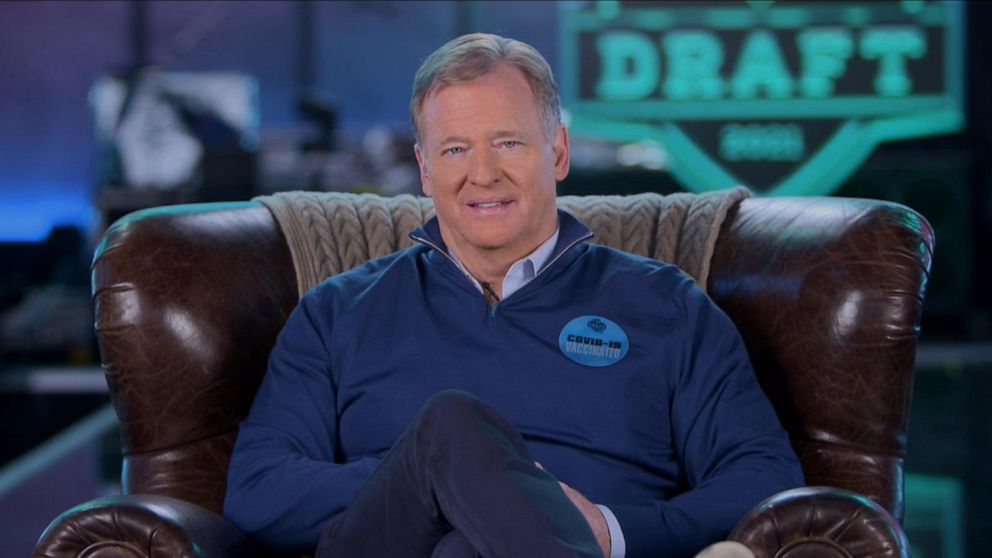 PHOTO: NFL Commissioner Roger Goodell seated in the famed brown chair from his basement on stage in Cleveland, Ohio at the 2021 Draft stage.