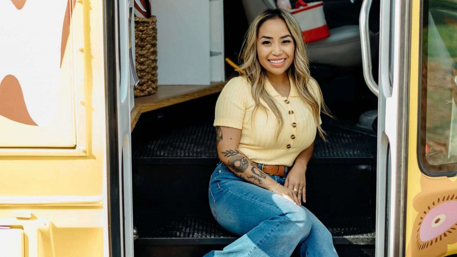 PHOTO: Jerilee Melo, 36, poses with her a mobile classroom -- a renovated '70s stye bus.