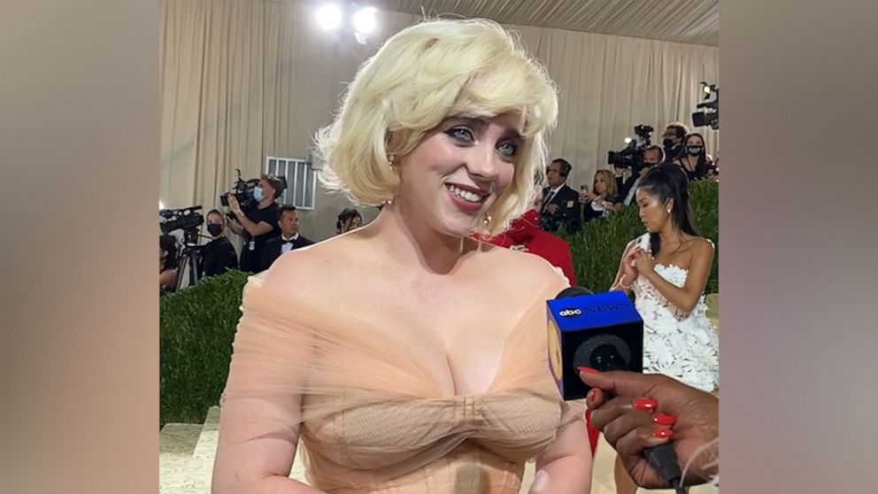 billie eilish blue and gold dress Video channels old Hollywood glamour in stunning gown at MET Gala Weill Paris classic wool dresses