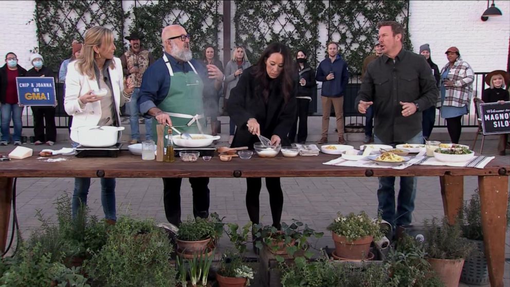 PHOTO: Chef Andrew Zimmern cooks alongside Joanna and Chip Gaines to kick off the launch of Magnolia Network.