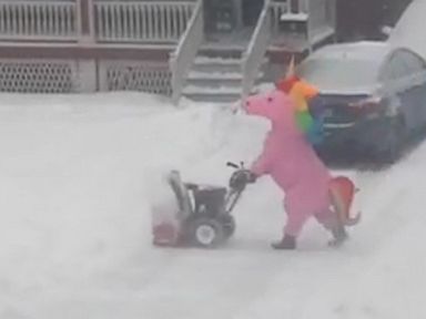 WATCH:  Man clears snow for his neighborhood in unicorn costume