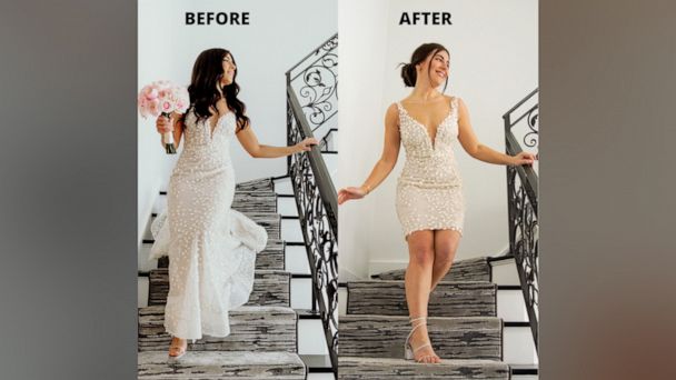 Bride goes viral after chopping wedding gown and transforming it into honeymoon  dress - Good Morning America