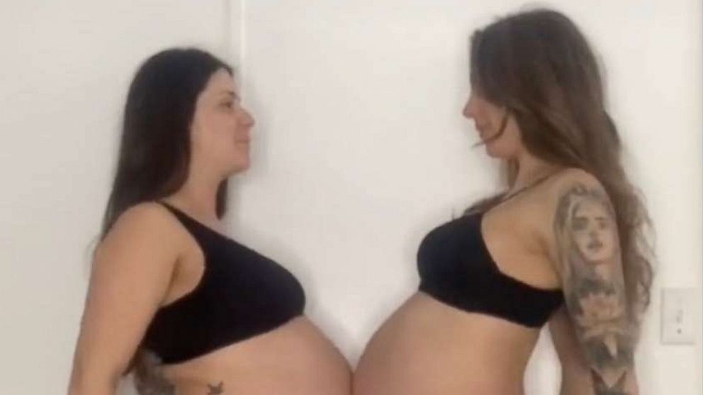 PHOTO: Sisters Samantha (left) and Danielle (right) Schleese bump bellies in a viral video documenting their pregnancies.