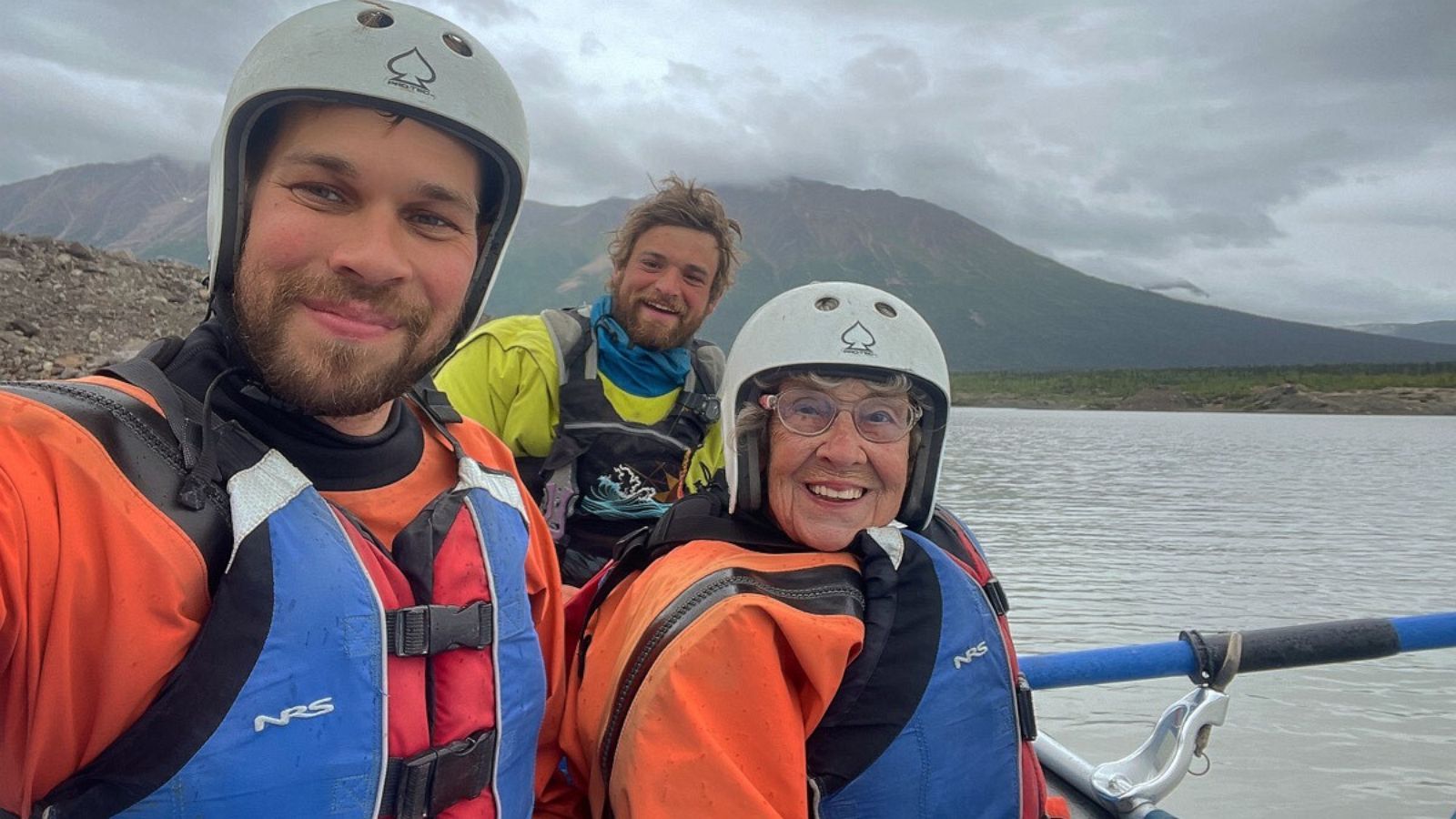 PHOTO: Brad Ryan (Left) and his grandma Joy pose for a selfie while whitewater rafting in Wrangell St. Elias National Park.