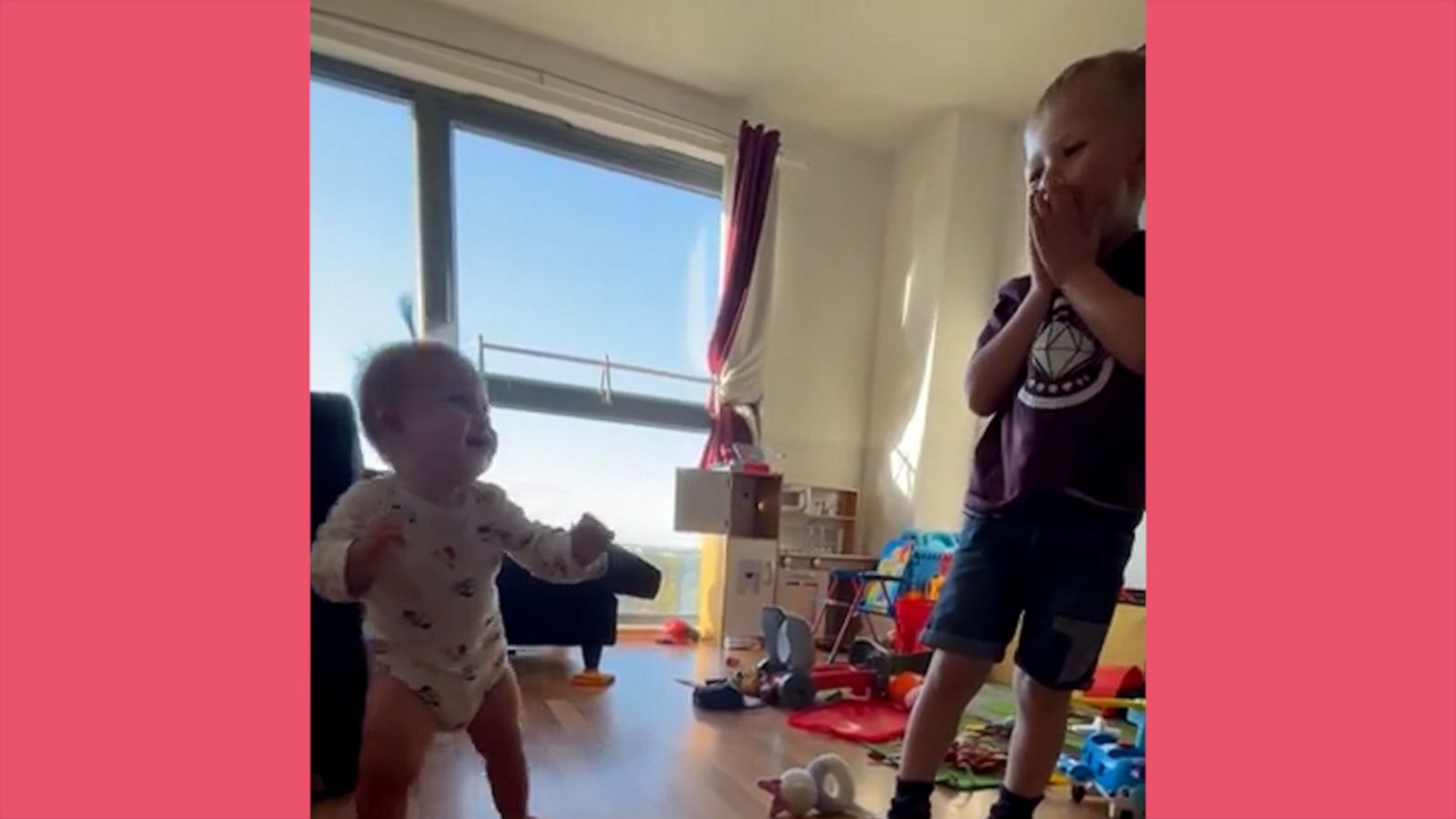 VIDEO: Little boy has the best reaction to seeing baby sister take her first steps