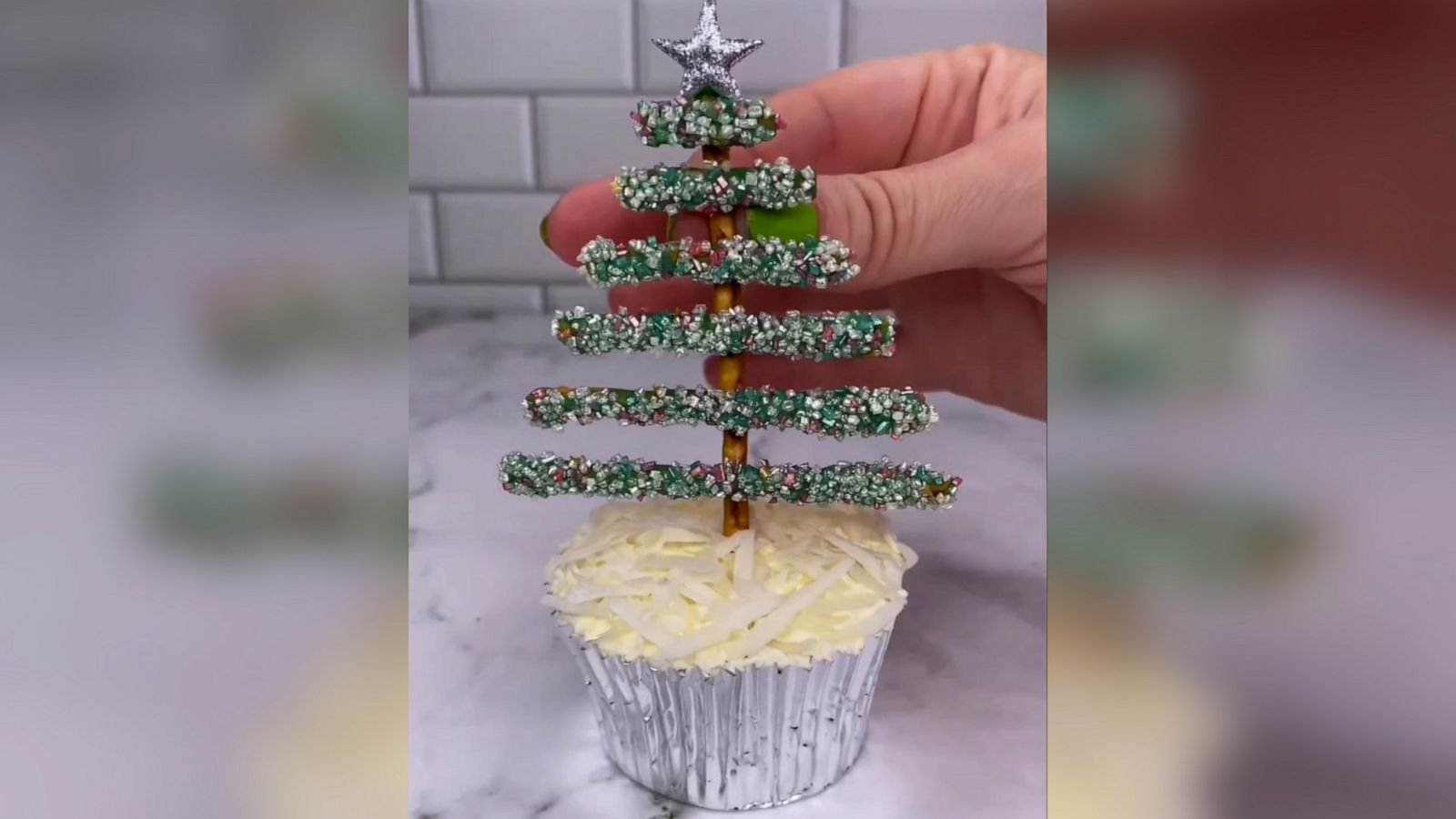 VIDEO: Decorate your cupcakes with this pretzel Christmas tree tutorial