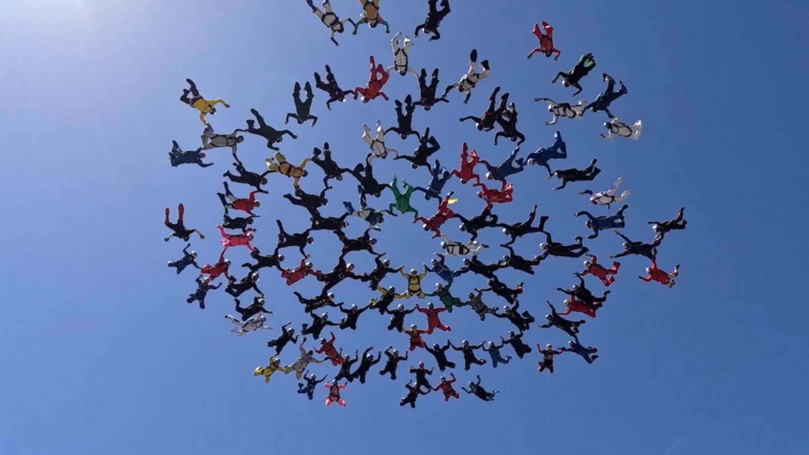 VIDEO: Watch 101 skydivers form record-breaking snowflake formation