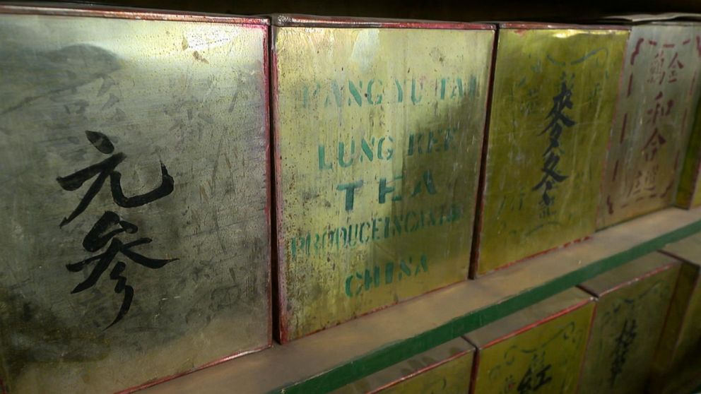 PHOTO: Old Chinese tea boxes in the basement of Pekin Noodle Parlor.