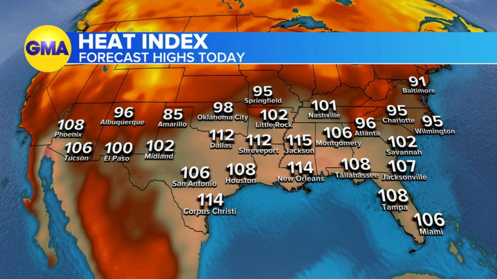 Relentless summer heatwave roasts the South - Good Morning America ...