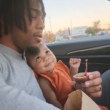 VIDEO: Baby gives dad the cutest look as they eat fries 