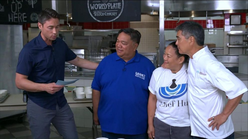 PHOTO: UHMC chancellor Lui Hokoana, chef Lee Anne Wong and chef Roy Yamaguchi speak to "GMA" as they volunteer to cook meals for Maui relief efforts.