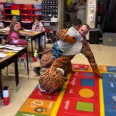 Soldier dresses as mascot to surprise son at school after year away