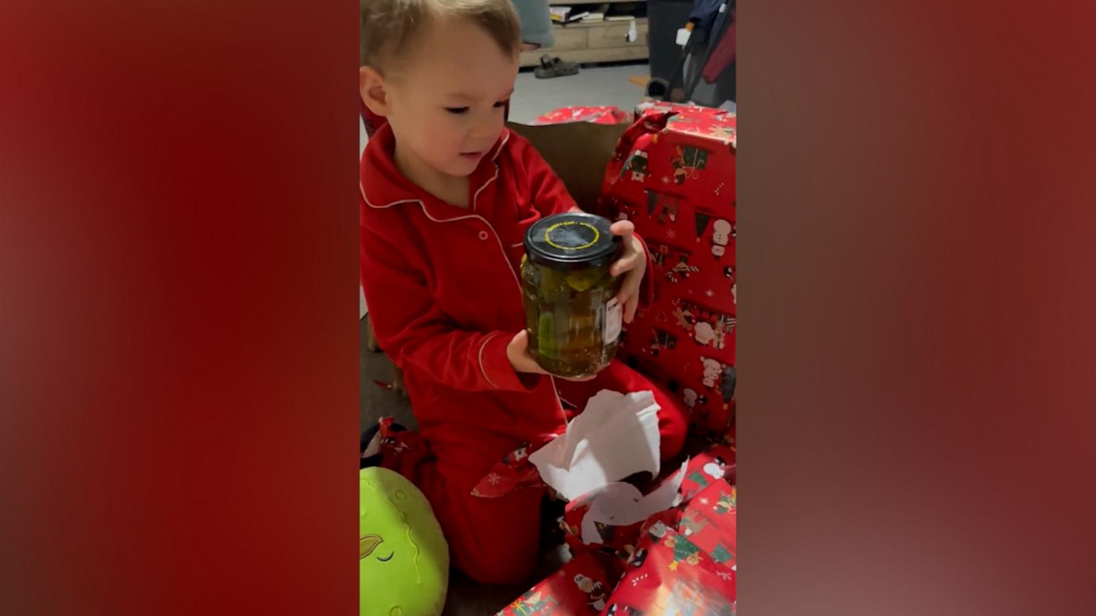 VIDEO: No one was more excited than this toddler to receive a jar of pickles for Christmas