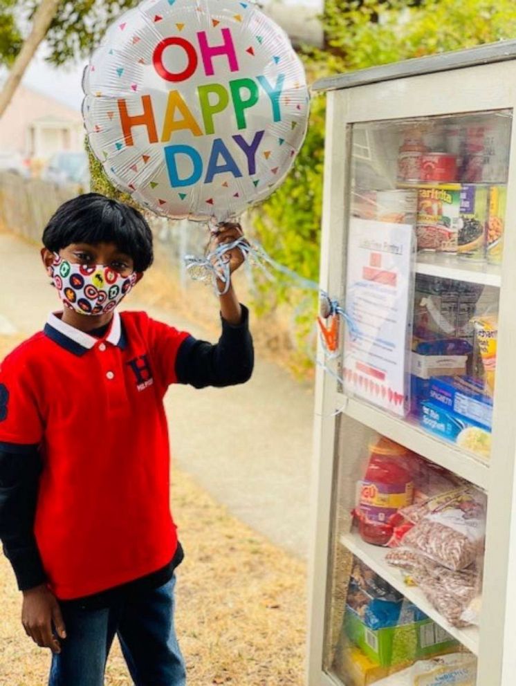 PHOTO: Eagle Jayagoda, 8, launched "Little Free Food Table" near his Richmond, California, home. The area was open on Sundays and stocked with food items for people facing tough times.
