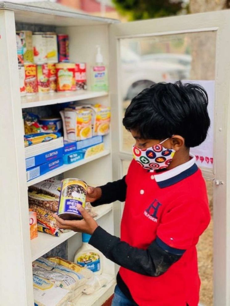 PHOTO: Eagle Jayagoda, 8, launched "Little Free Food Table" near his Richmond, California, home. The area was open on Sundays and stocked with food items for people facing tough times.
