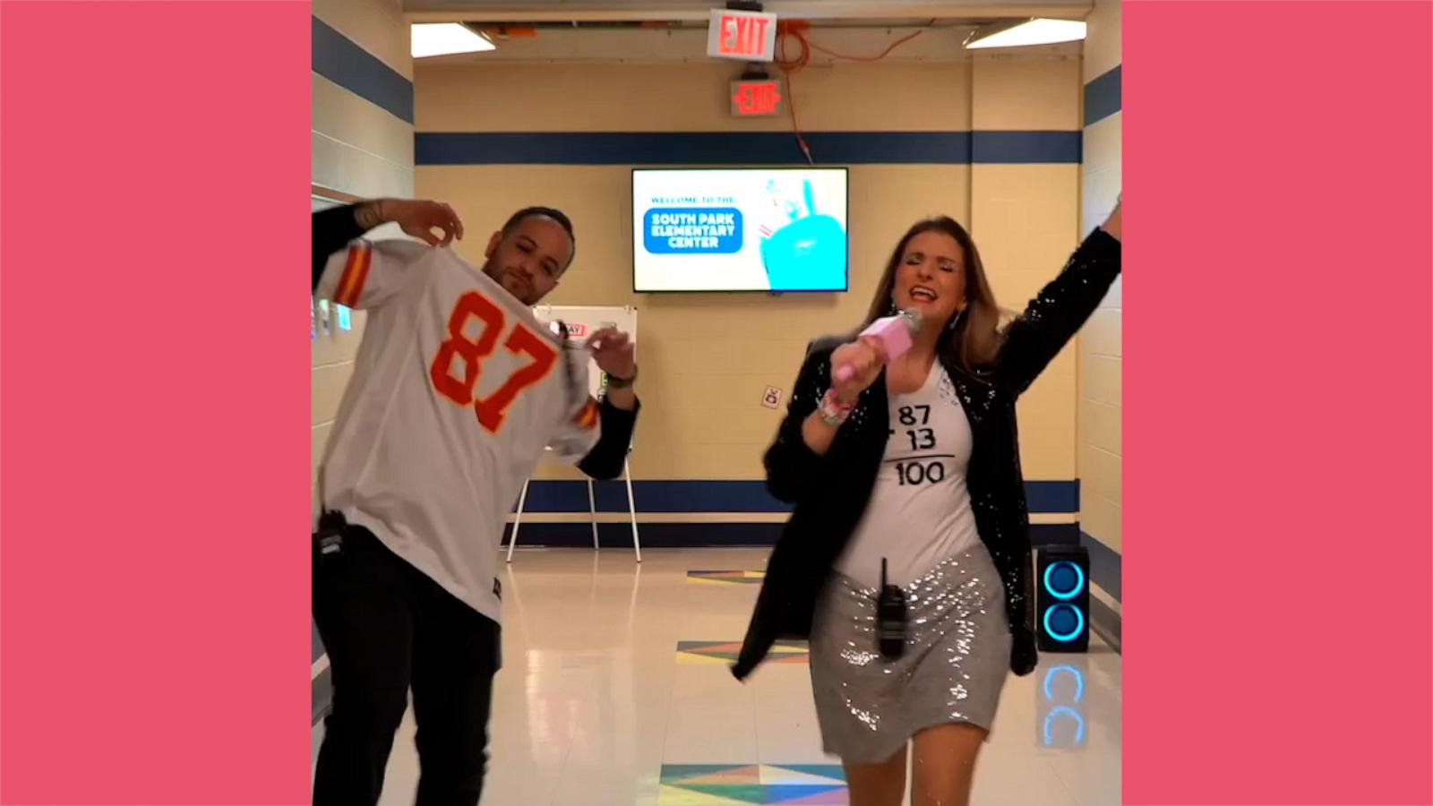 VIDEO: Principals transform into Taylor Swift and Travis Kelce for their students