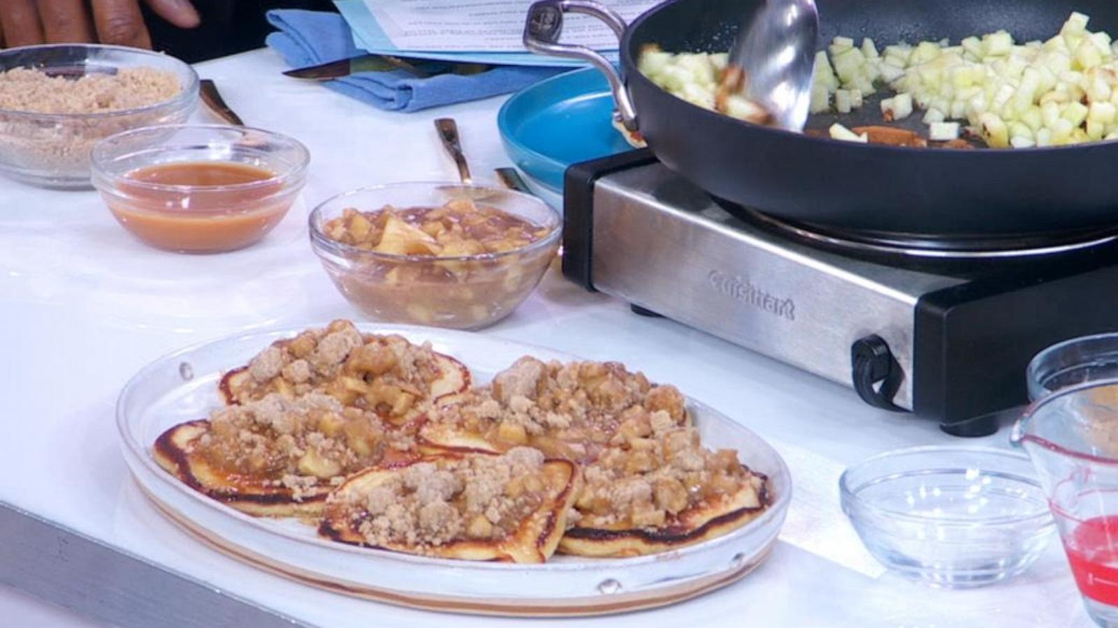 PHOTO: Buttermilk pancakes with bacon and an apple crumble topping.