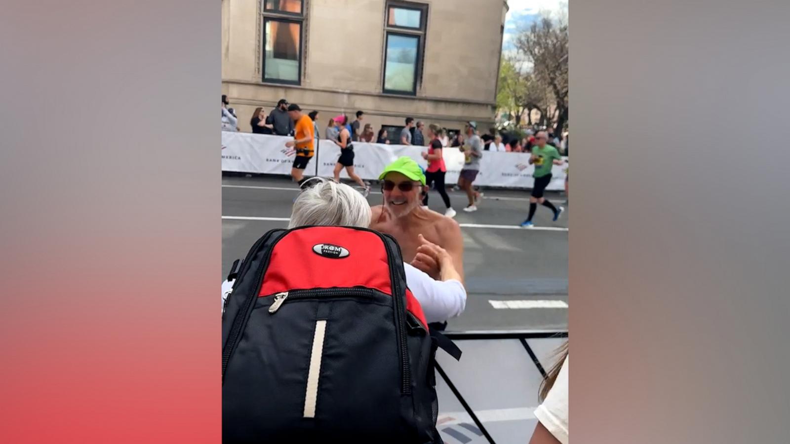 VIDEO: Strangers help woman at Boston Marathon flag down her 75-year-old runner husband