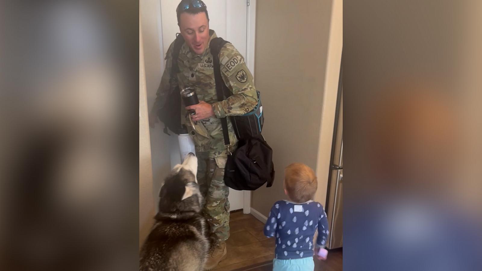 VIDEO: Husky and toddler really want military dad to stay home