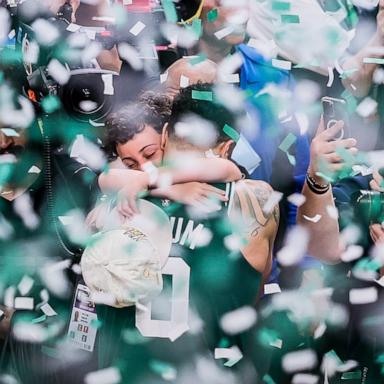 Confetti rained down as Deuce, son of Boston Celtics superstar Jayson Tatum, ran onto the court for a hug.