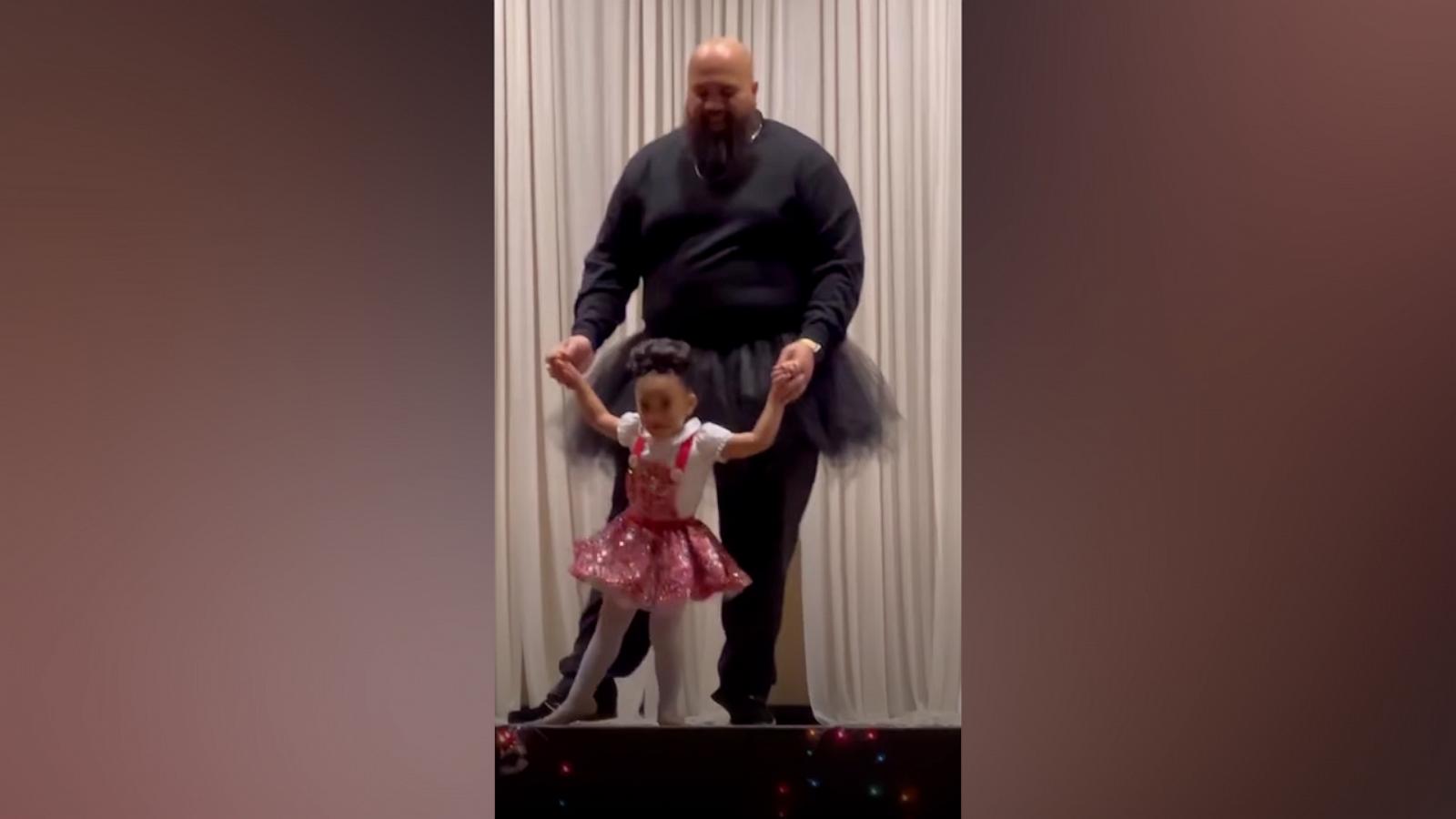 VIDEO: 6-foot-5-inch dad wears ballet skirt to dance with daughter for her ballet recital