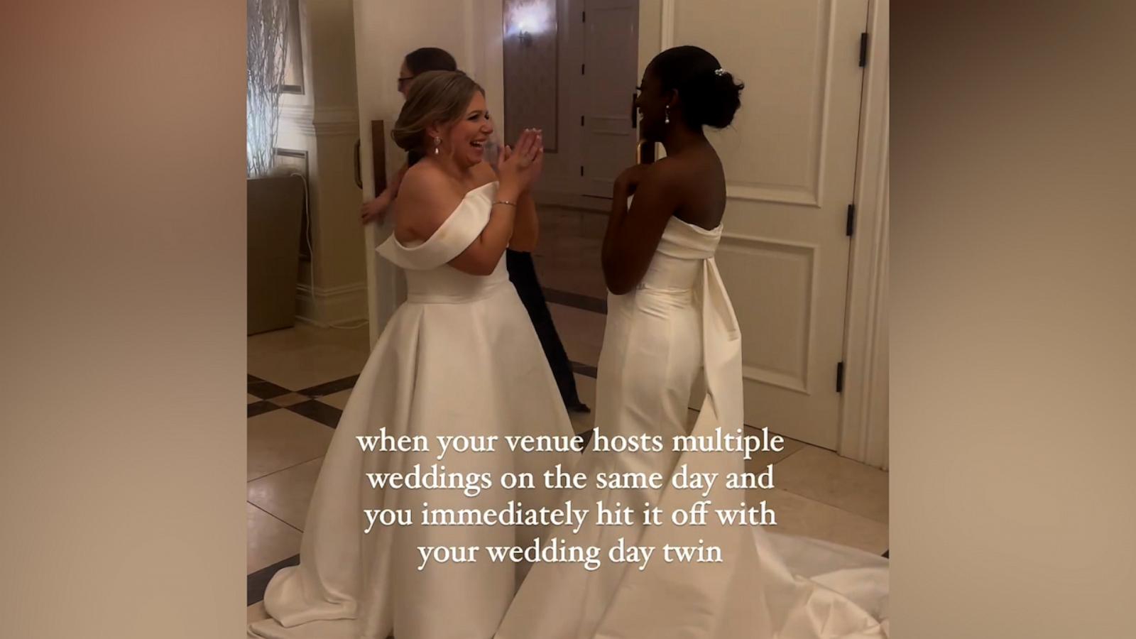 VIDEO: Brides sharing a wedding venue hit it off immediately