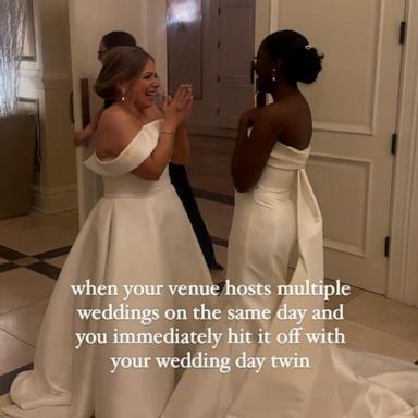 VIDEO: Brides sharing a wedding venue hit it off immediately 