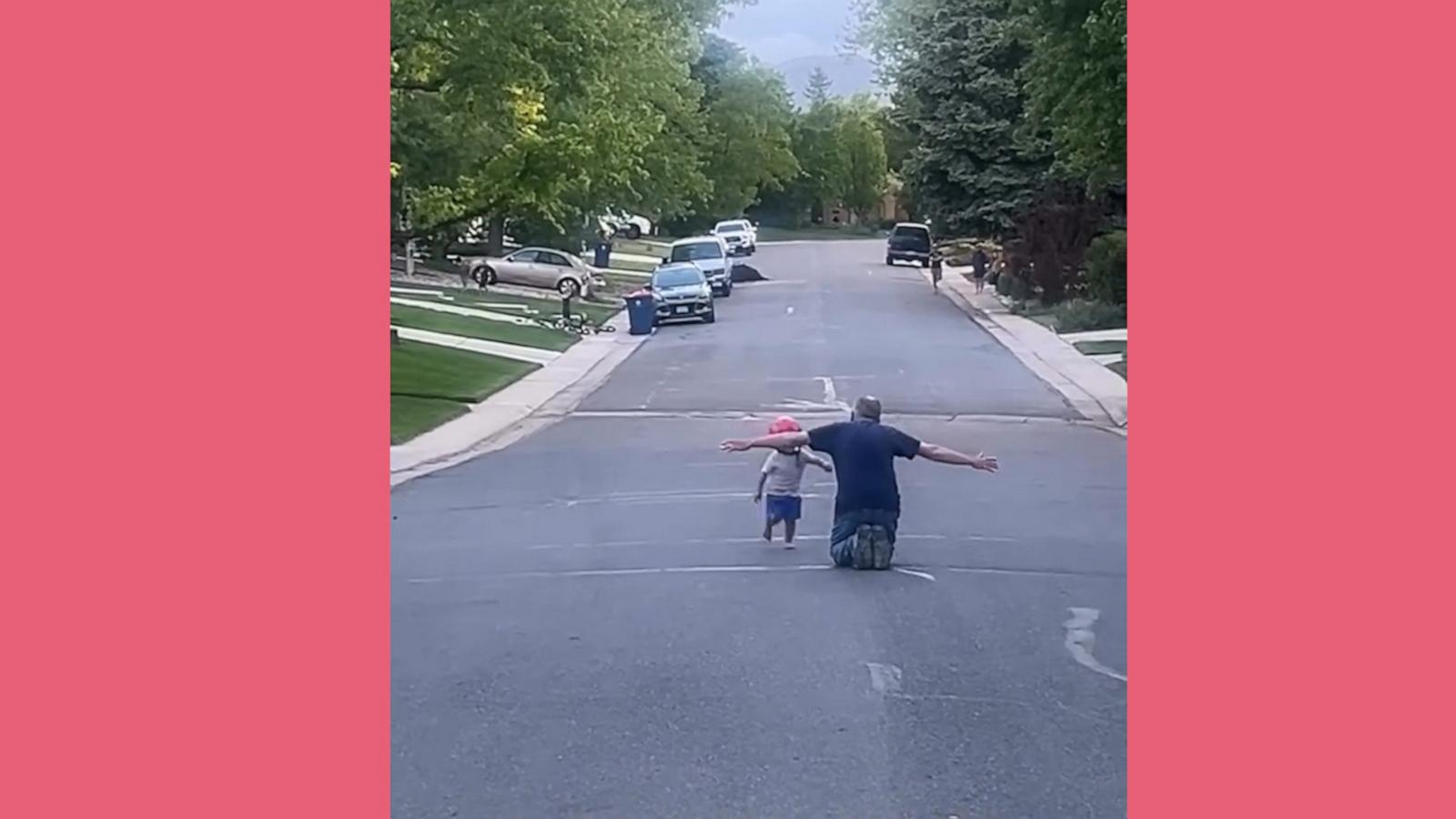 Two-year-old Walker couldn’t wait to get a hug from his grandpa Neil.