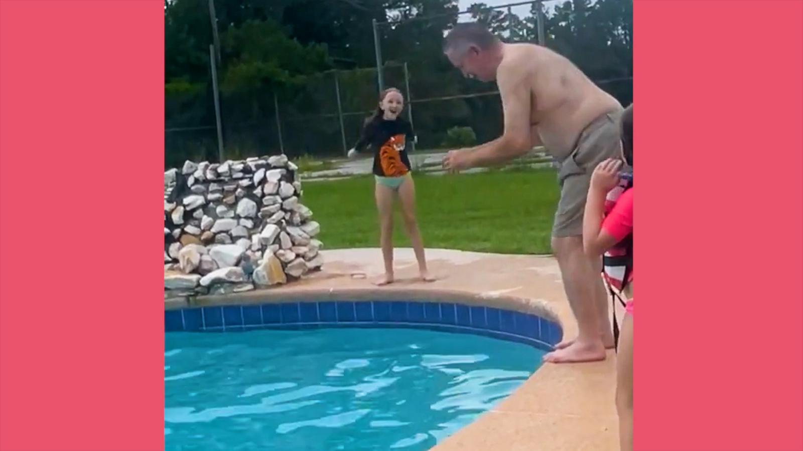 This grandfather did a fantastic front flip in the pool once his grandkids showed him how it's done.