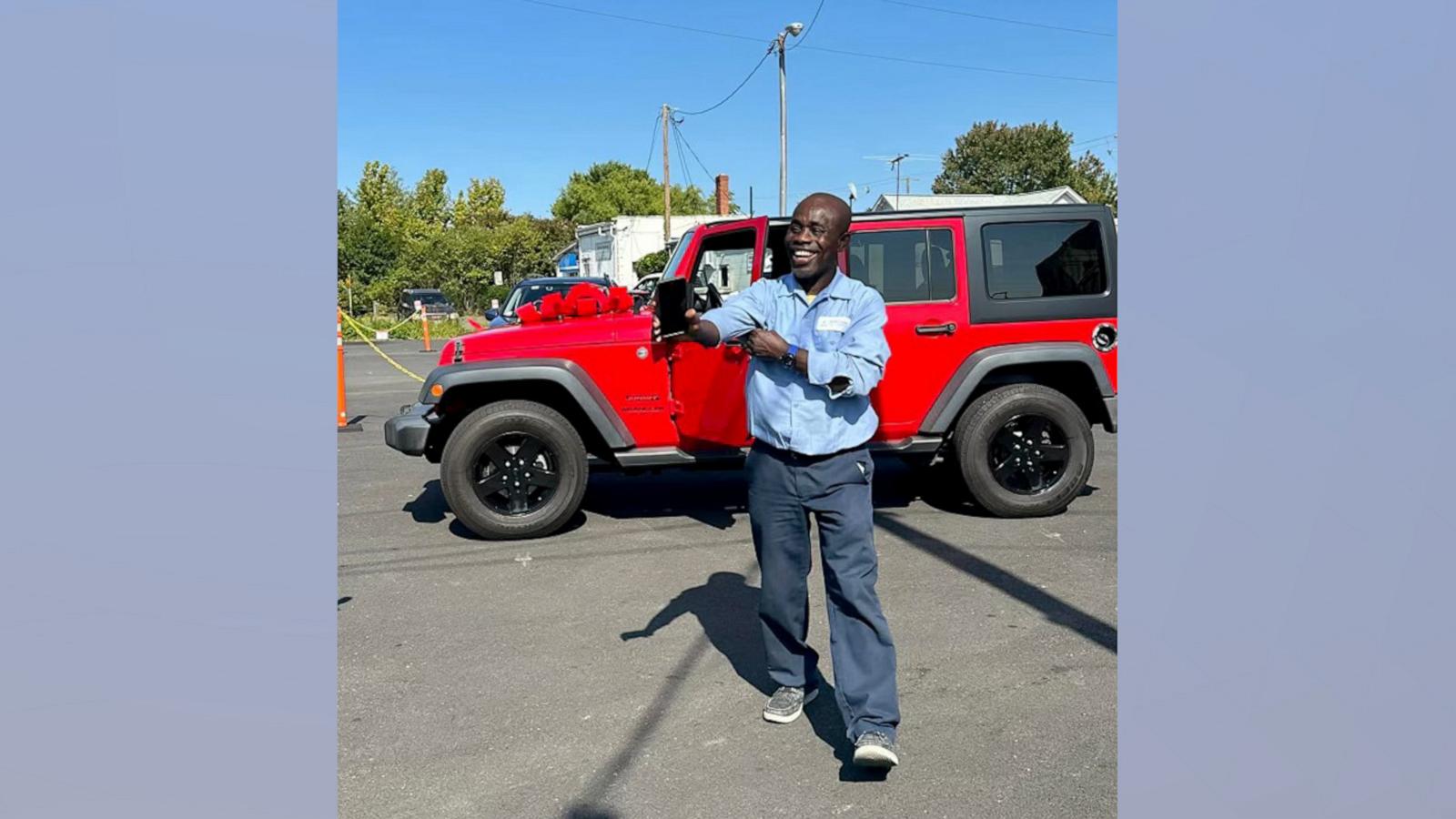 Francis Apraku fell to the ground in shock after seeing his new Jeep Wrangler.