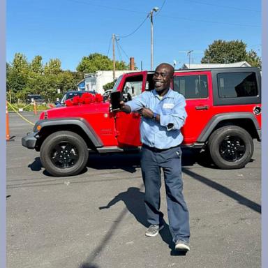 Francis Apraku fell to the ground in shock after seeing his new Jeep Wrangler.