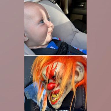 Four-month-old Hudson doesn't mind this scary Halloween clown mask!