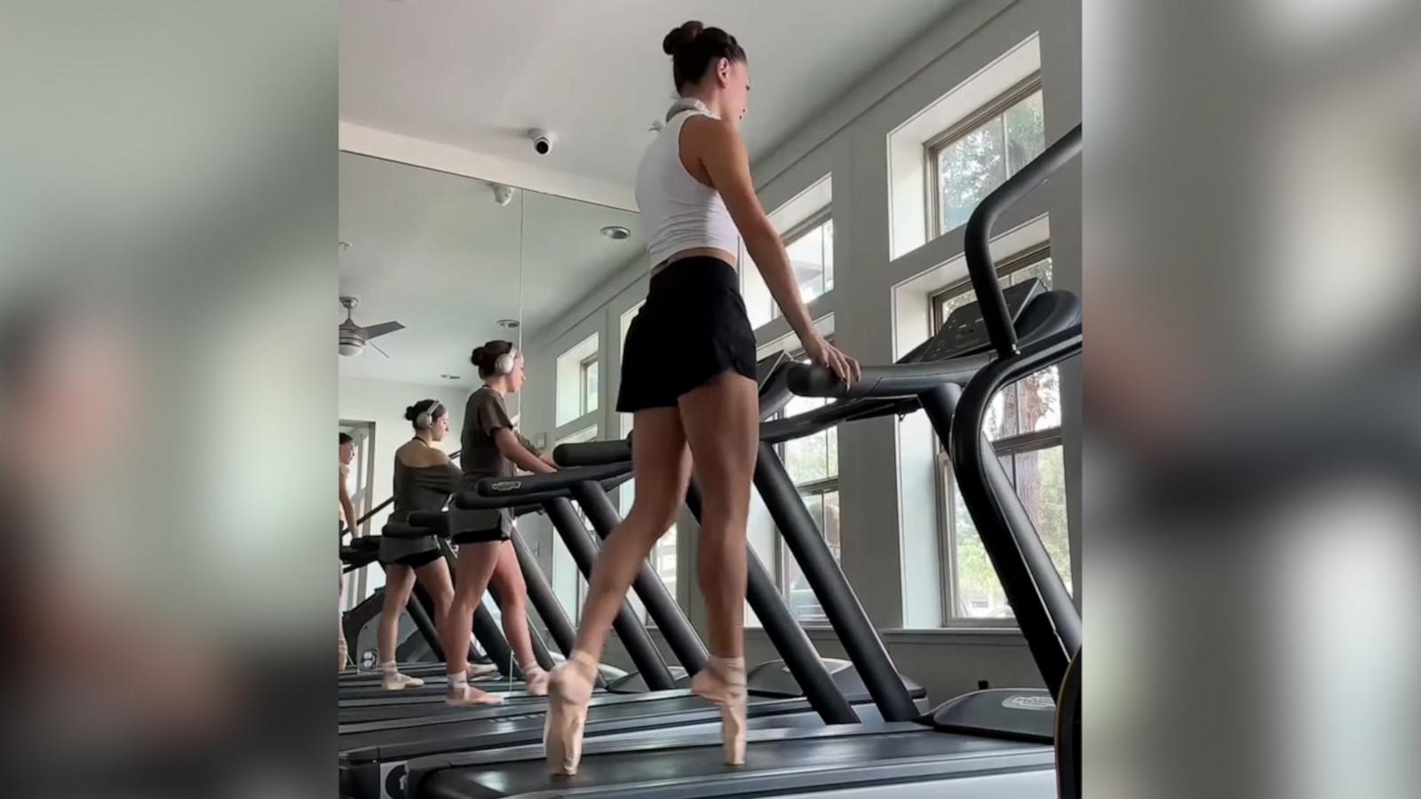 Natalie Taylor and her roommate impressively walk in pointe shoes on the treadmill.