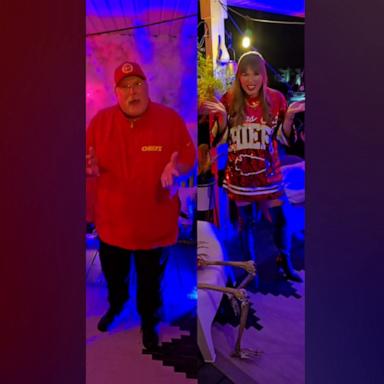 We had to watch this video multiple times to confirm this is indeed a costume of Taylor Swift and Andy Reid.