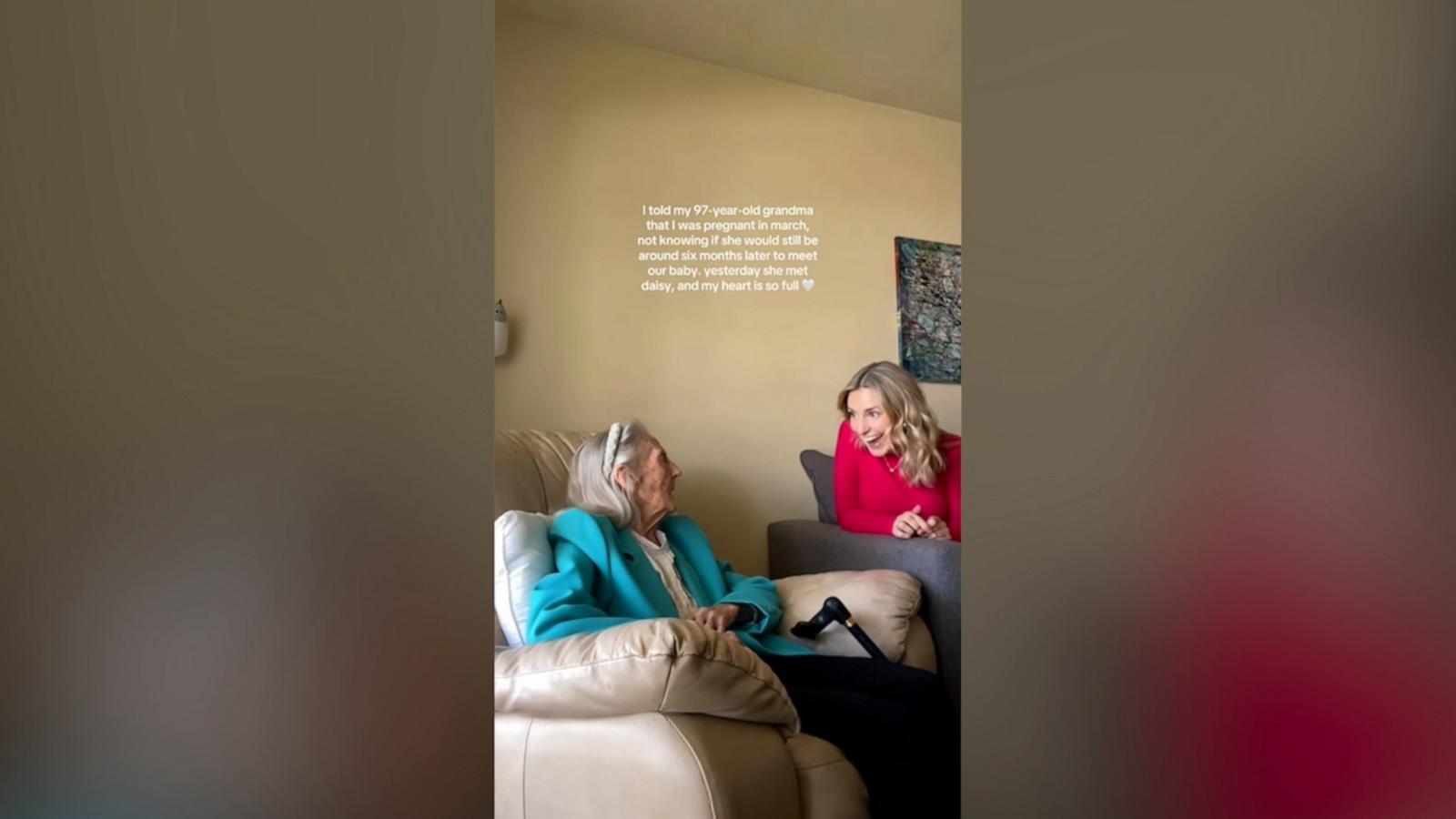 VIDEO: 97-year-old grandmother meets adorable grandchild