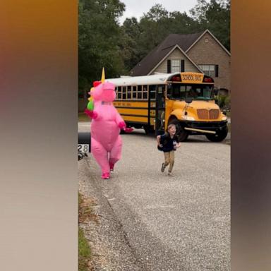 VIDEO: Get you a bestie who surprises your kid at the bus stop dressed as a unicorn