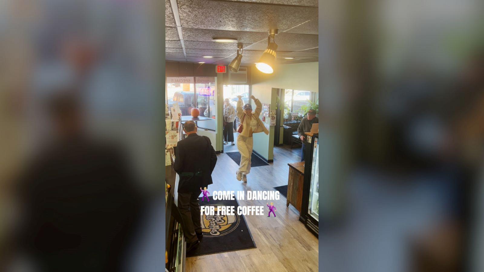 A free drink is just a dance away in this coffee shop.